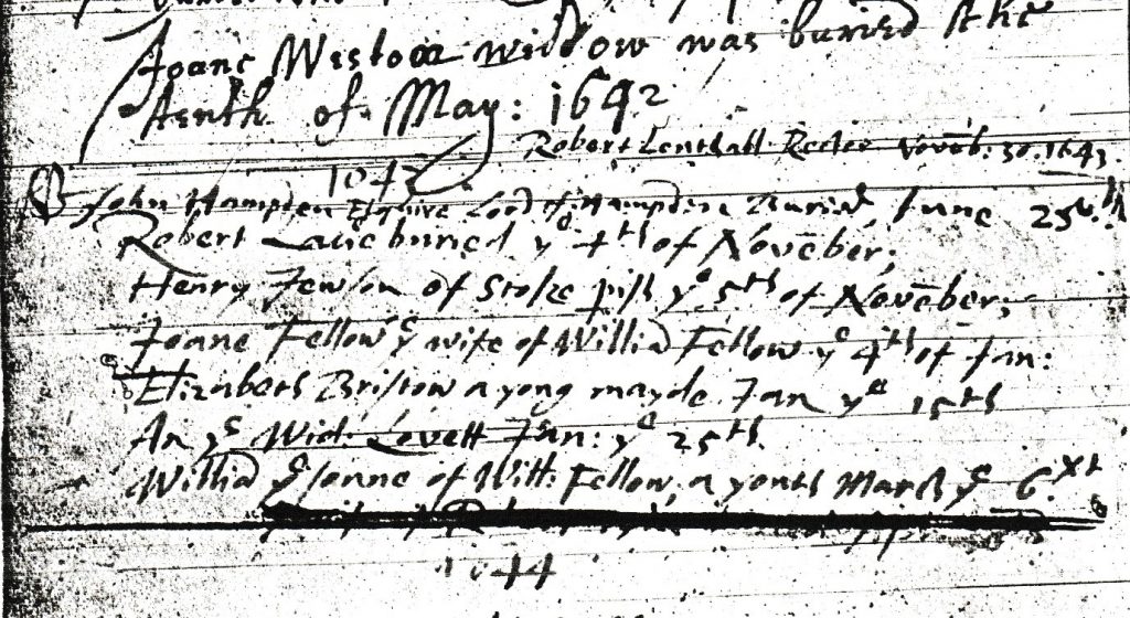 Parish Register showing burial of John Hampden